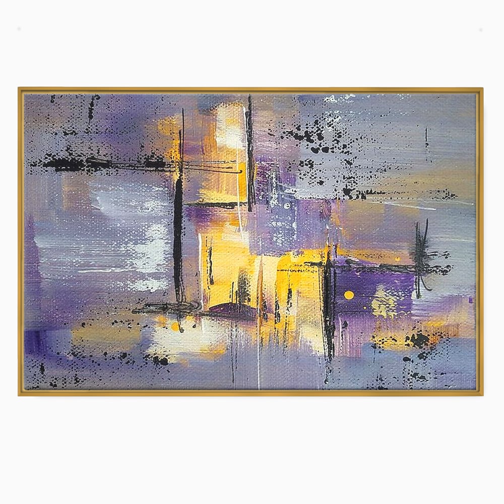 Tablou canvas cu pictura abstracta cu linii si pete, in rama de aluminiu auriu